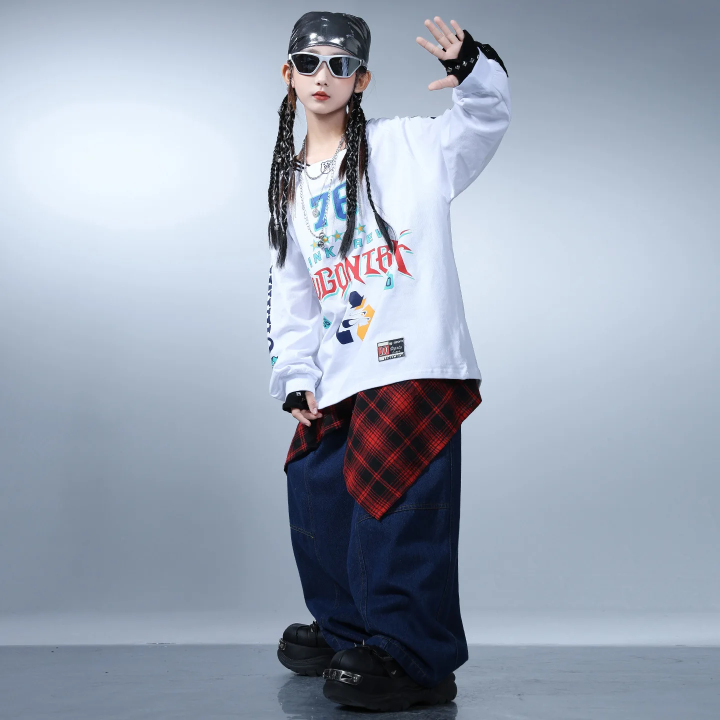 Enfant Kpop Hip Hop vêtements blanc Jersey sweat Denim bleu Jeans décontractés Baggy pantalon pour fille garçon rue danse Costumes vêtements