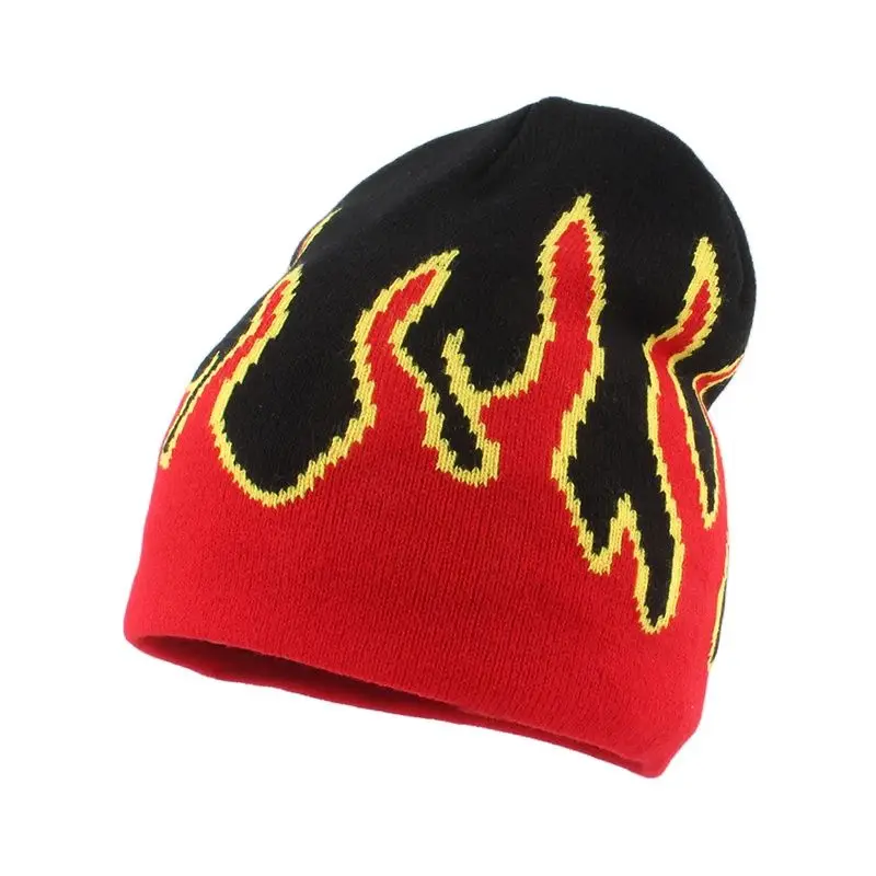 Outdoor Autumn Winter Jacquard Weave Warm Cap Flame Pattern Wool Knitted Hat Street Skull Cap Hip Hop Beanies For Men