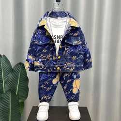 Baby Boys Clothing Fashion Printed Denim Jacket + Jeans 2 pcs Sets Autumn Kids Cotton Denim Suits Children Clothes