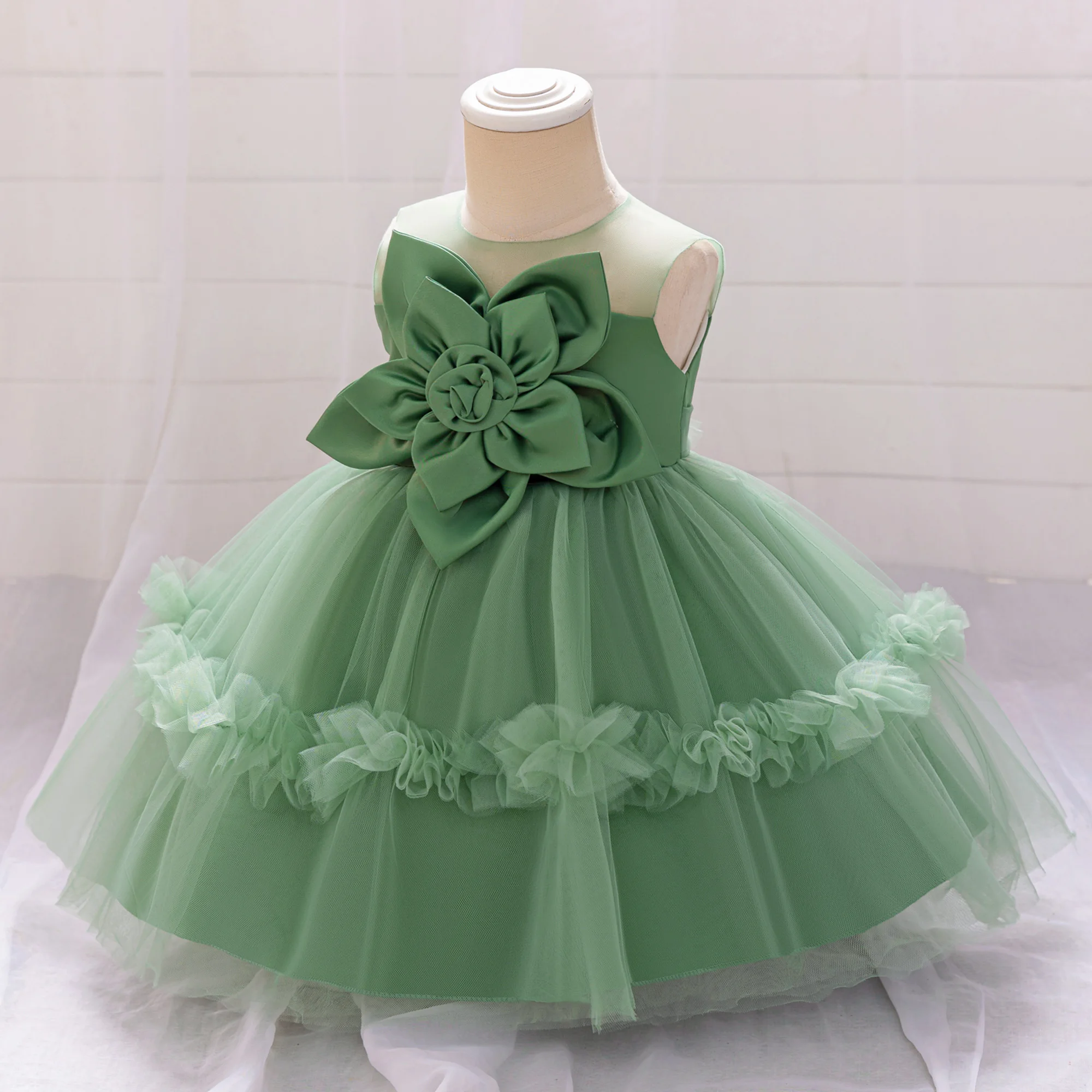 Infant Baby Girls Big Flower Green Dress Newborn Baptism Princess Dress Baby first 1st Year Birthday Kids Clothes Christening