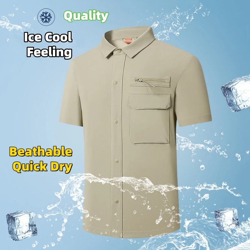 Man's Quick Dry Shirts Office Sportswear Short Sleeve Casual Tops Breathable Antibacterial Stretch Quality Ice Cool Feel Shirts