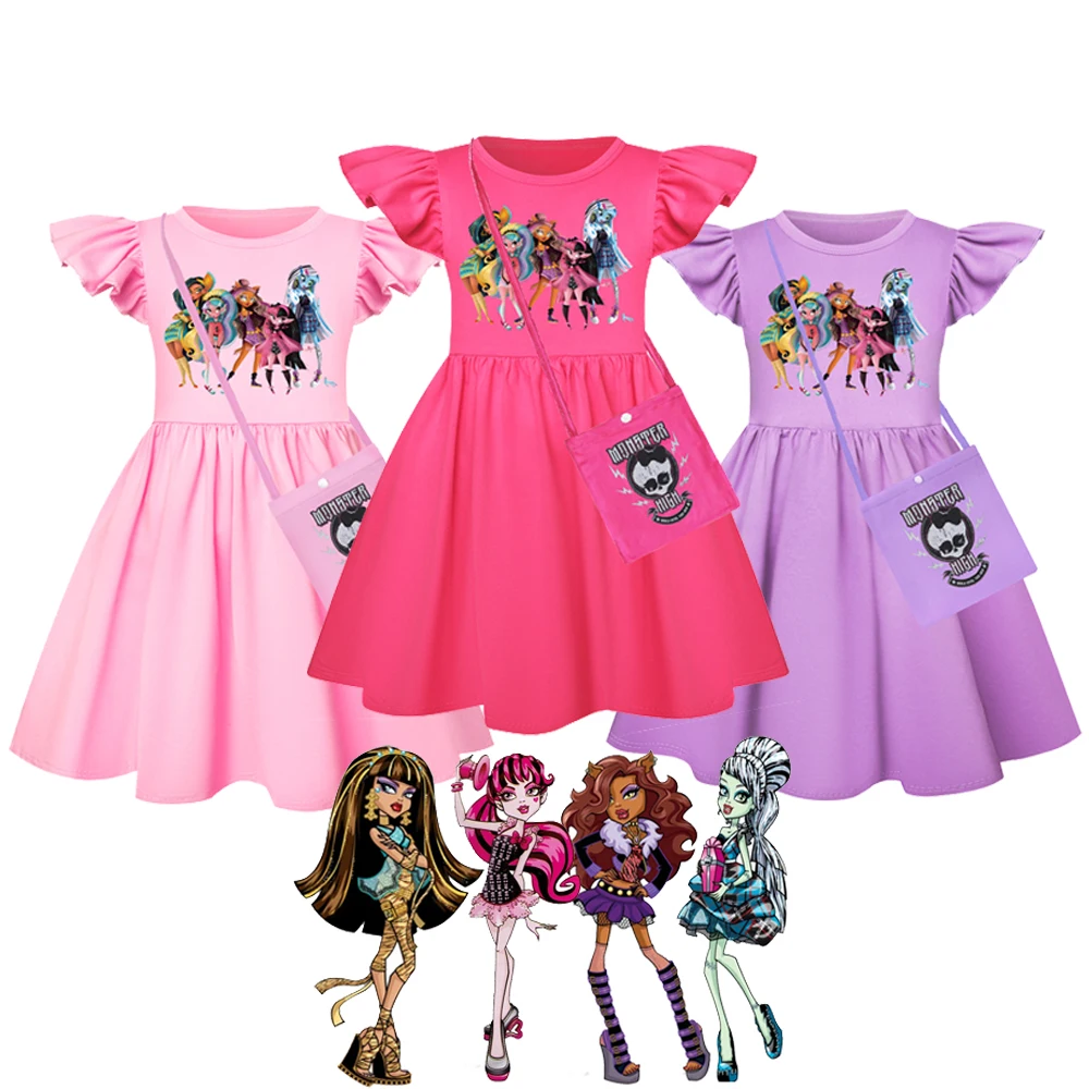 Draculaura Kawaii Dolls Costumes Monster High Girls Dress Frankie Stein Cosplay Clothes Cartoon Girls Dress+Bag Sets Child Gifts