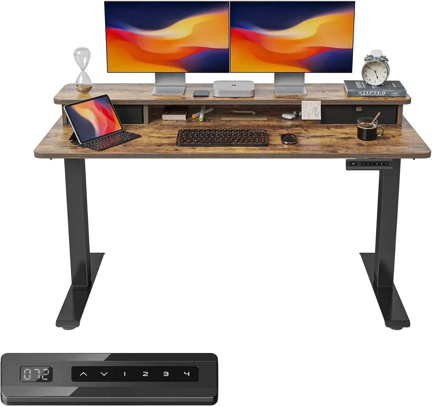 55''x24'' Electric Standing Desk with Double Drawer, Height-Adjustable, Rustic Brown