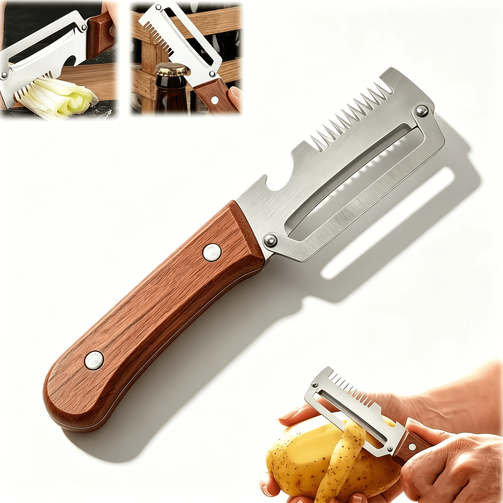 3in1 Serrated Peeling Knife Multi-functional Peeler For Fruits Vegetable Green Onion Silcer With Wooden Handle And Bottle Opener