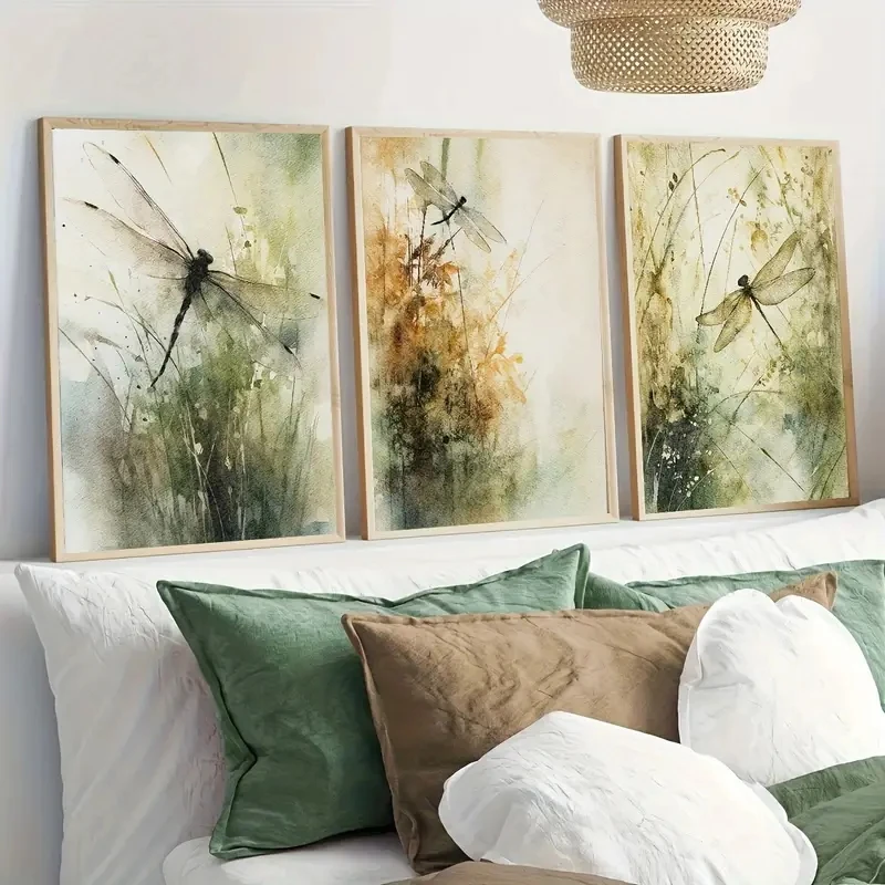 3-teiliges Nordisches Libellen-Aquarell Pflanzen-Leinwandposter, Kunstdruck für die Wand, Modernes Wohnzimmer-Dekor, Rahmenlos