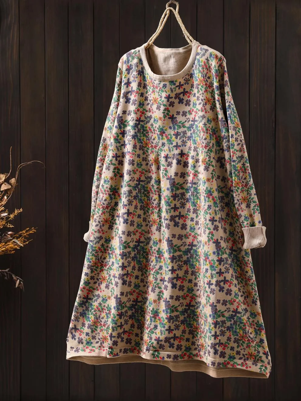 Women Knit Dress Japanese Style Chic Cotton O-neck Long Sleeve Sweater Dresses Mori Girl Mid-length Knitwear