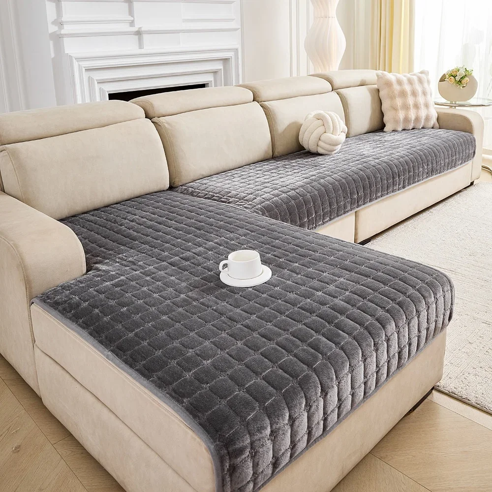 Two-piece flannel and plush sofa cushion set – minimalist checked design, modern living room sofa covers, thickened and non-slip