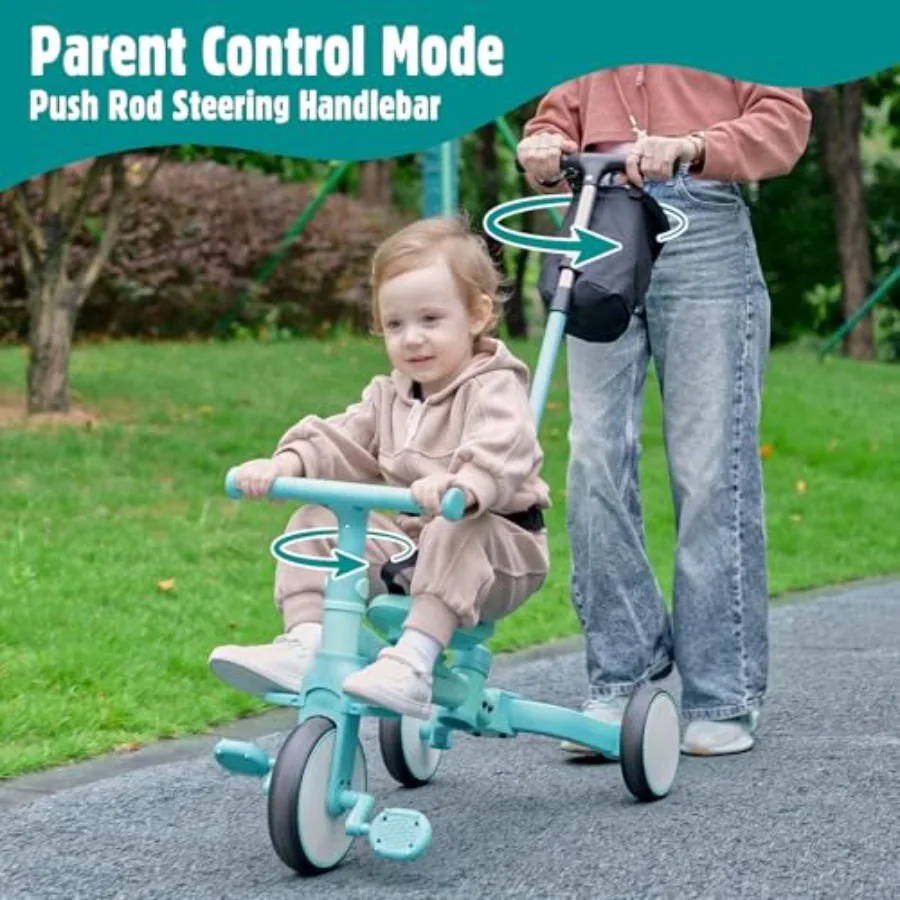 Tricycle 5 en 1 pour tout-petits avec poignée de direction pour 1-4 ans, pédales amovibles, jouet de premier équitation bleu, cadeau d'anniversaire pour Bo