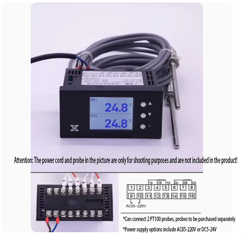 Multi channel temperature display, dual digital thermometer, 2-circuit industrial inspection instrument, PT100 thermistor input