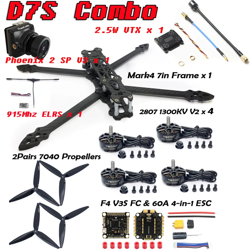 MARK4 7inch 295mm Wheelbase Carbon Fiber Frame 2807 1300KV Brushless Motor propeller 2.5W VTX Camera For FPV 7\