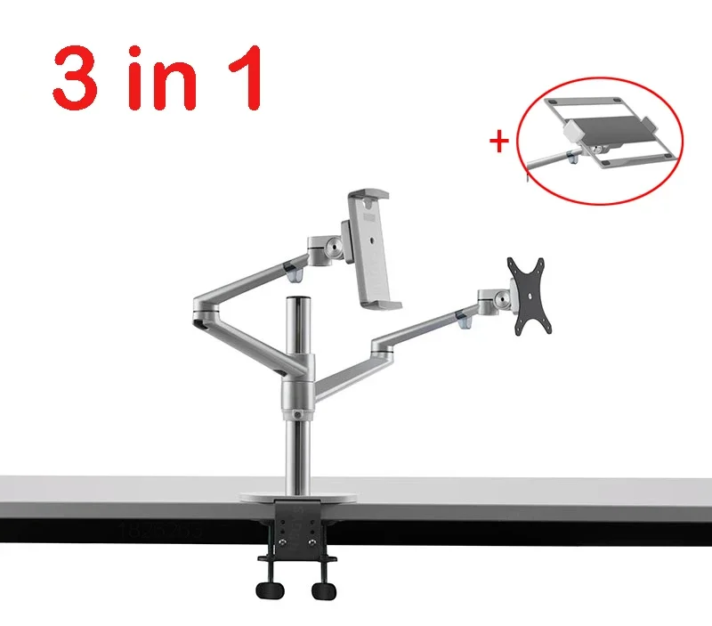 OL-3T Aluminum 3 in 1 Height Adjustable Desktop Dual Arm 17-32 inch Monitor Holder+10-17 inch Laptop Stand +14 inch Tablet Mount