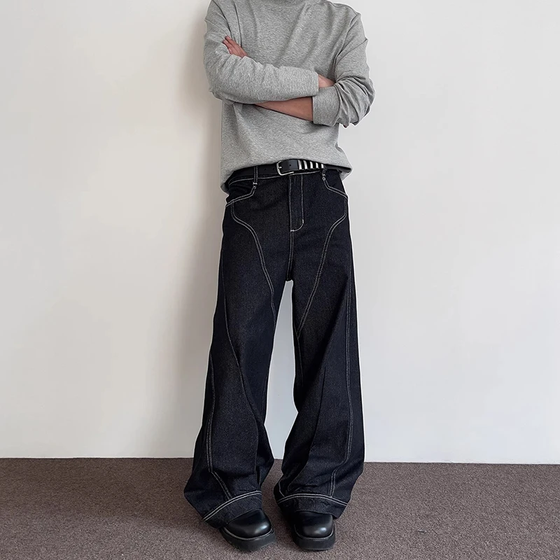 WTHT Moda Uomo Patchwork a righe Pantaloni in denim stile americano Vintage Jeans a gamba larga a vita alta Uomo 2025 Estate 2A1193