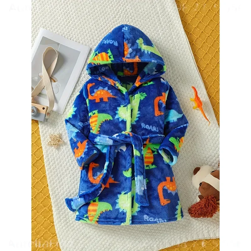 Boy Dinosaur Stuffed Flannel Bathrobe with Hood and Belt Flame Retardant Fabric Cartoon Home Outfit Passed Safety Test