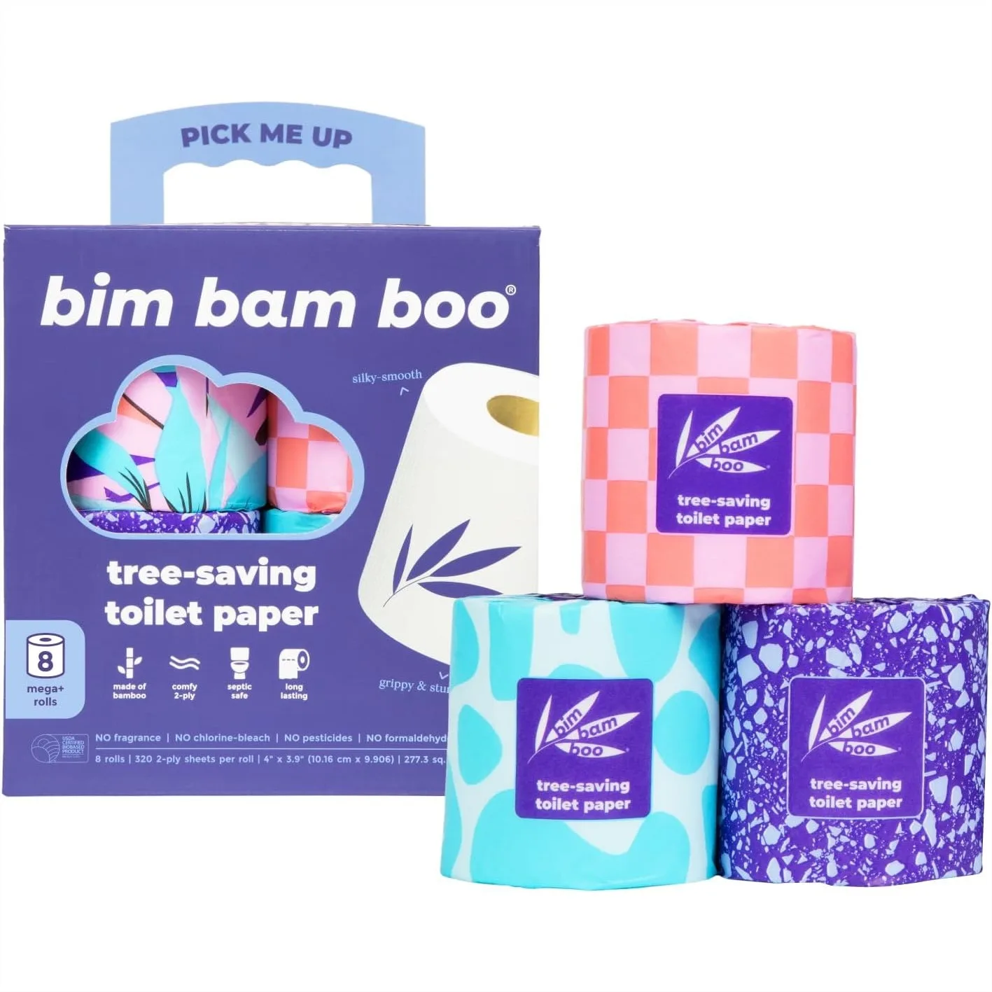 

Bamboo Toilet Paper 2 Ply - Sustainable Toilet Tissue 8 Double Rolls 320 Sheets Per Roll Septic Safe Plastic Free