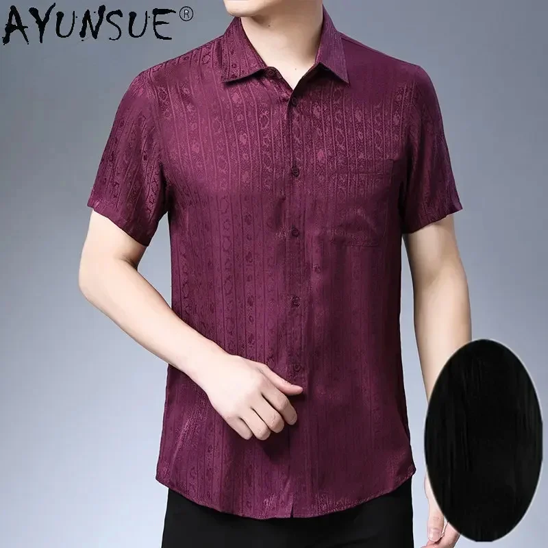 AYUNSUE 100% Mulberry Real Silk Shirt for Men Short Sleeved Satin Men's Clothing Summer Thin Casual Tops Camisetas