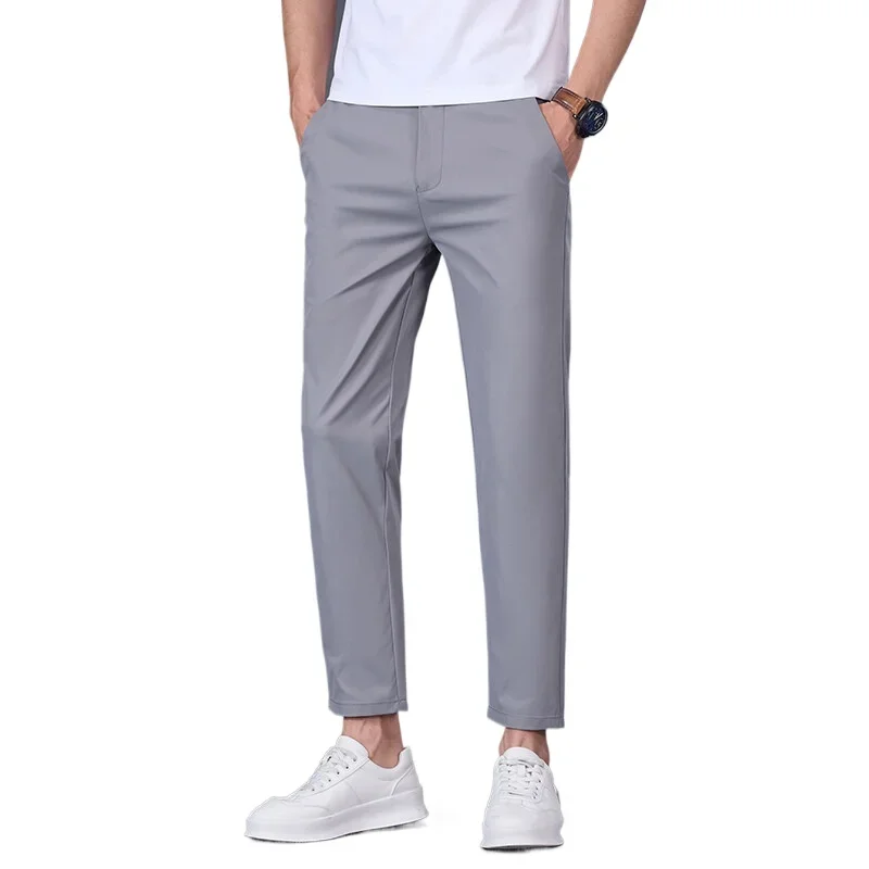 

2025 Spring and Summer Thin Grey Ice Silk Casual Cropped Pants for Men, Navy Blue Versatile Straight Leg Small Leg Mens Trousers