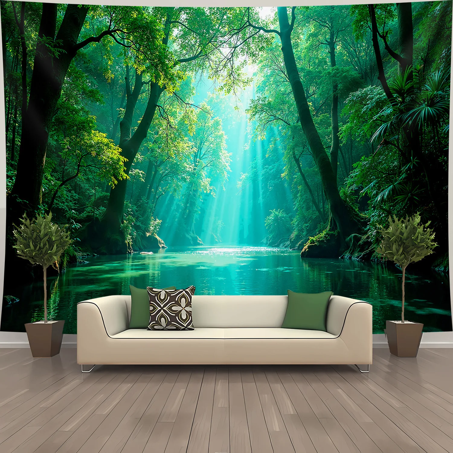 Lush Green Forest Tapestry Wall Hanging Tropical Jungle Nature Decor Backdrop Sunlit River Scene Living Room Bedroom Bathroom
