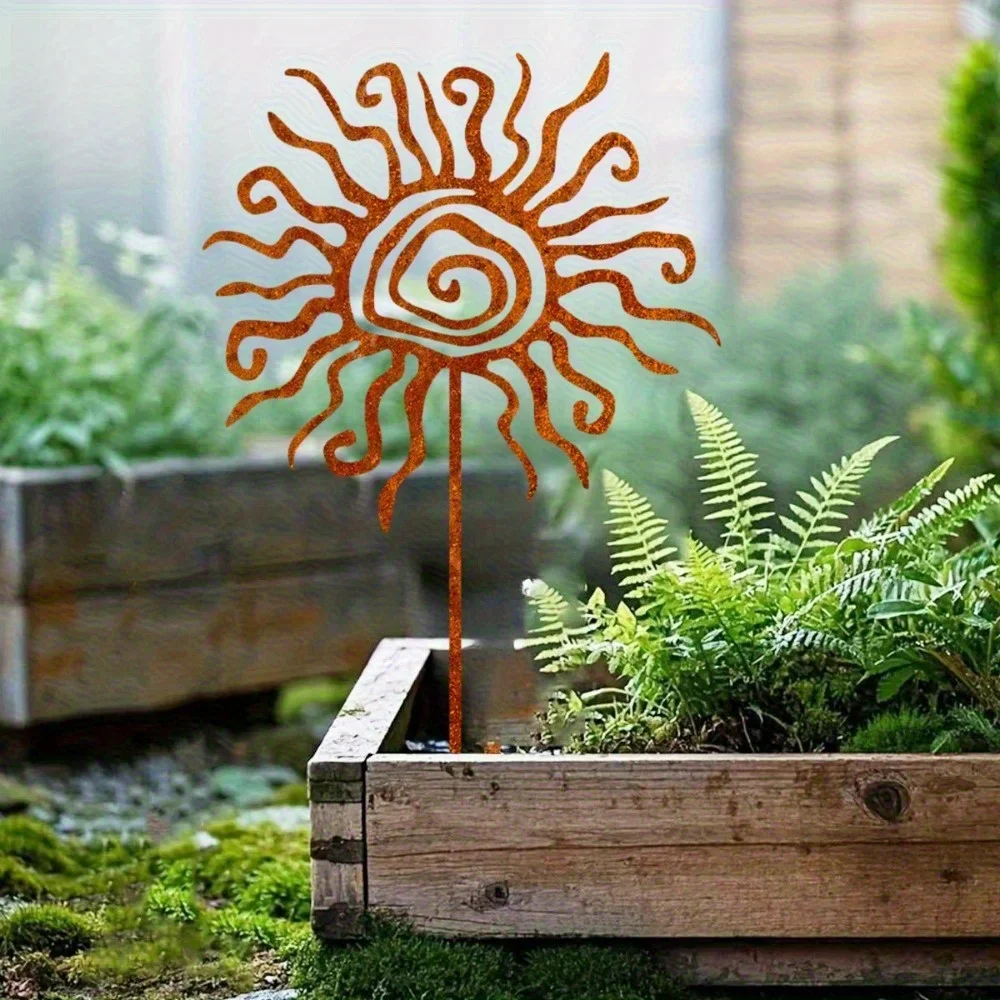Rusty Wrought Iron Sunburst Garden Stake – Vintage Metal Yard Decor for Lawn, Planter & Fence – Durable Outdoor Art