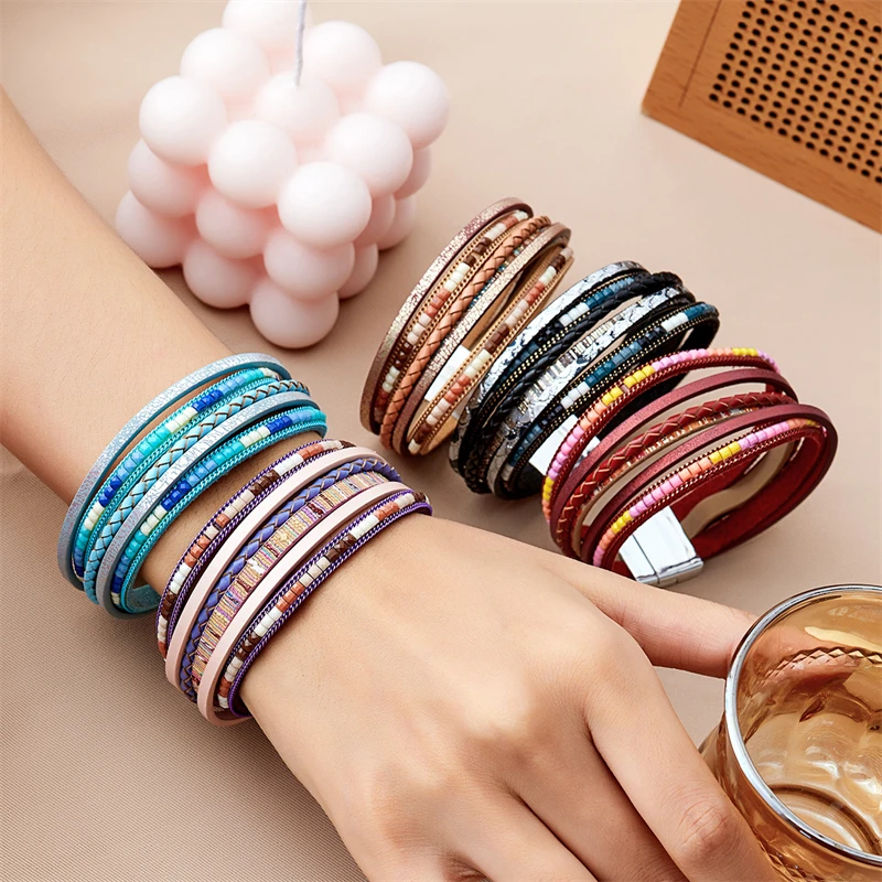 Böhmische Vintage mehr schicht ige Leder armbänder für Frauen hand gefertigte gewebte Leder breite Magnet verschluss Herren Armreif Modeschmuck – Detail 1