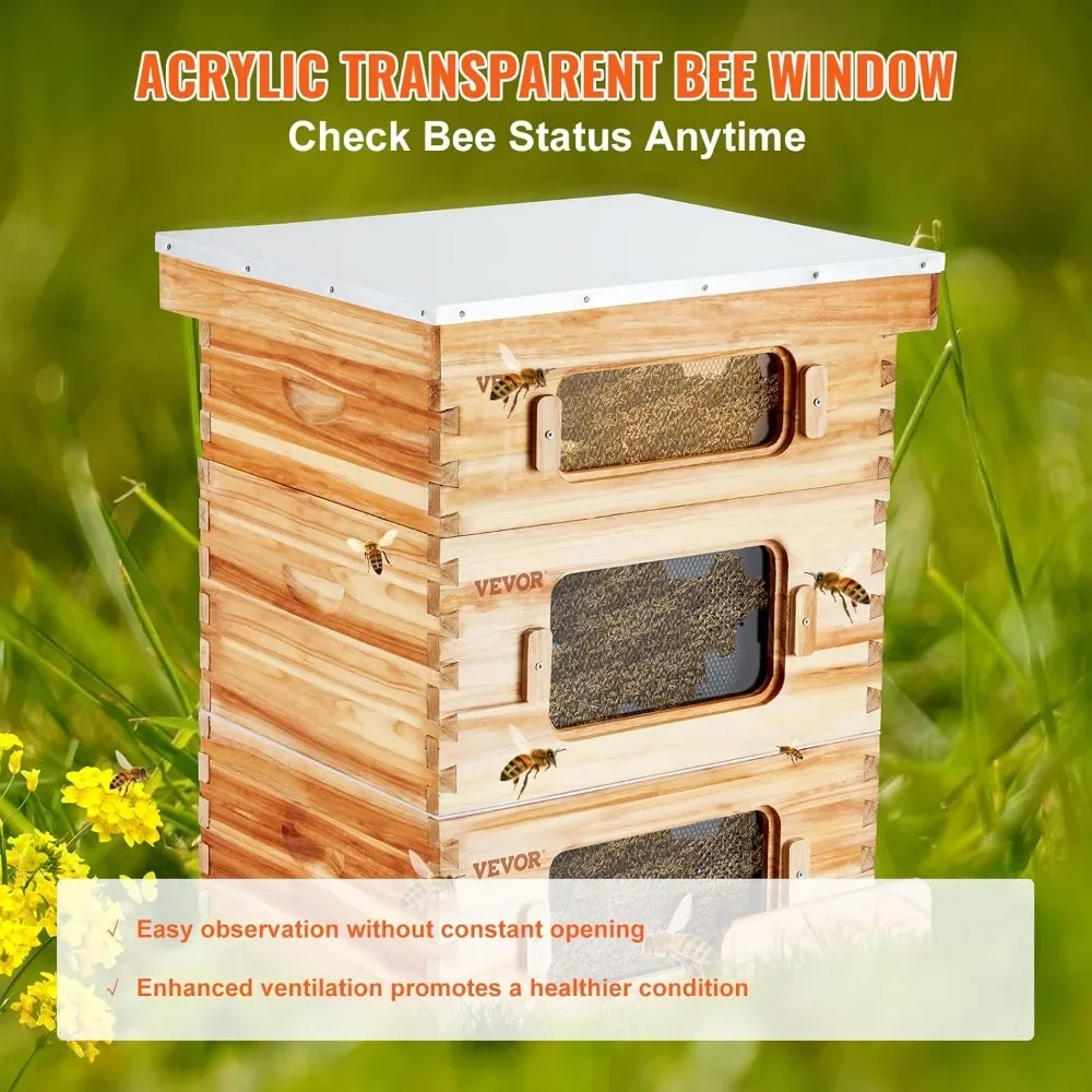 VEVOR Bee Hive 10 Frame Bee Hives Starter Kit، خشب التنوب المطلي بشمع العسل، 2 عميق + 1 صندوق نحل متوسط طقم خلية النحل Langstroth، Tran