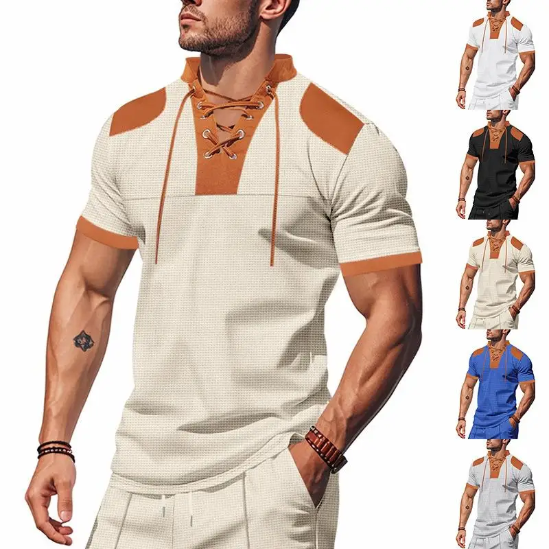 Men's Drawstring Shirt Short Sleeves Floral Patchwork Casual Top Quality Non-fading Summer Fashion for Men And Women
