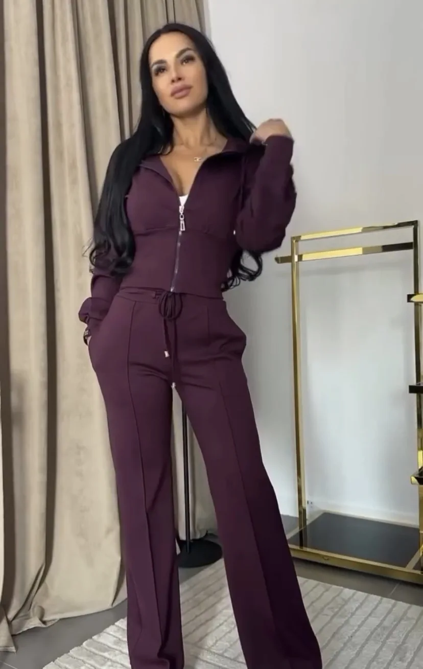 

Fashion Slim Sports Suit For Women Autumn New Hooded Long Sleeve Zipper Short Top High Waist Lace Up Trousers Two Piece Set