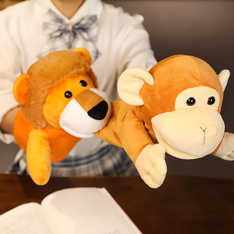 25cm Kawaii Animal Elephant Monkey Lion Dog Stuffed Plush Hand Puppets Educational Toys For Family Playgame Time Doll