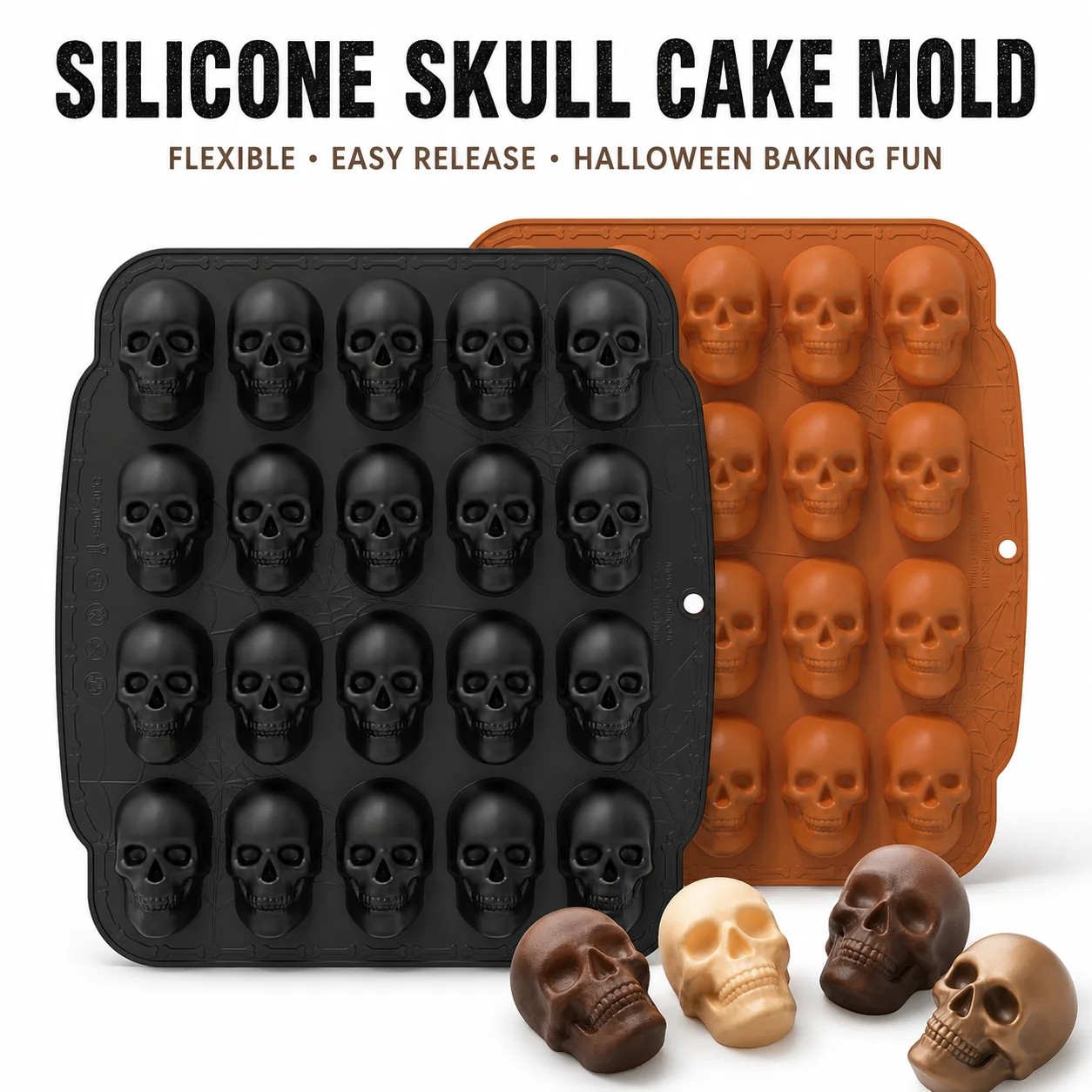 Large 3D Skull Baking Mold 20 Grids Flexible Silicone Pan For Spooky Desserts Oven Microwave Freezer Safe Tool
