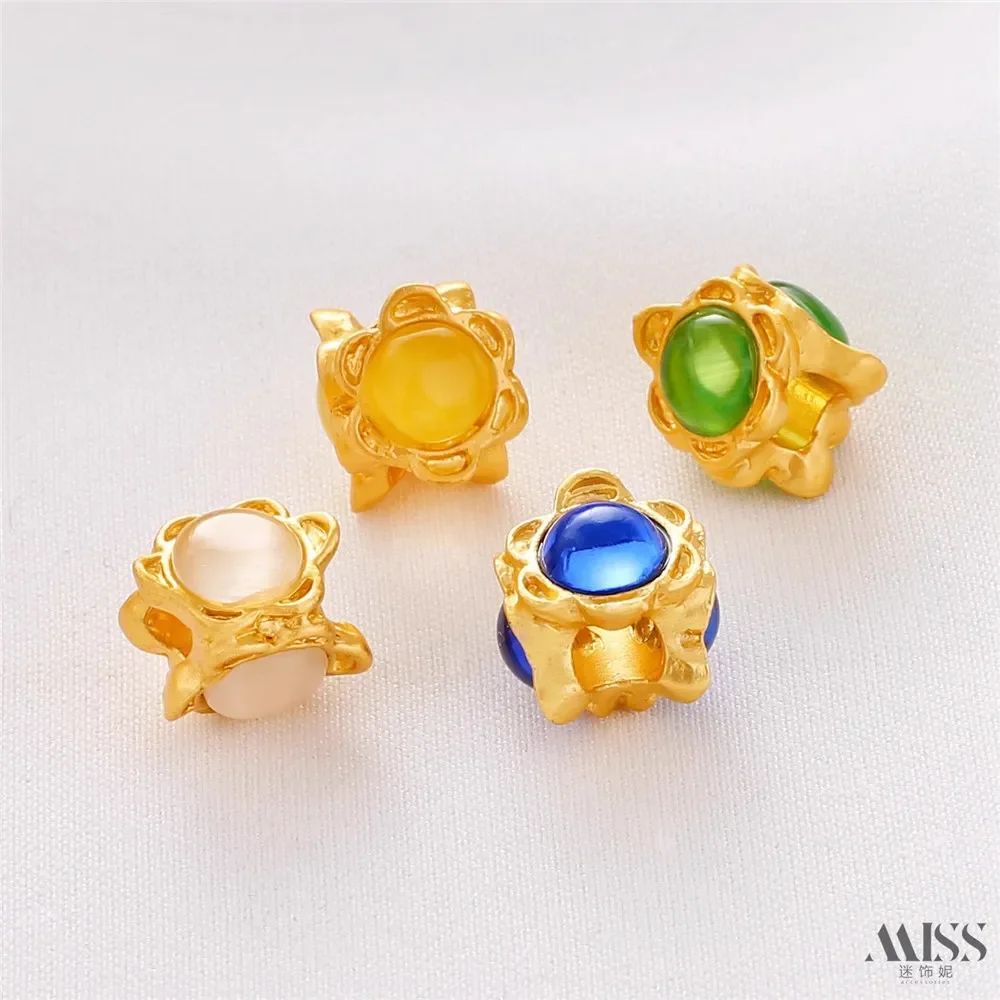 18K Matte Gold Color Inlaid Cat's Eye Jade Large Hole Bead Spacer Loose Bead DIY Bracelet Bucket Bead Jewelry Accessories