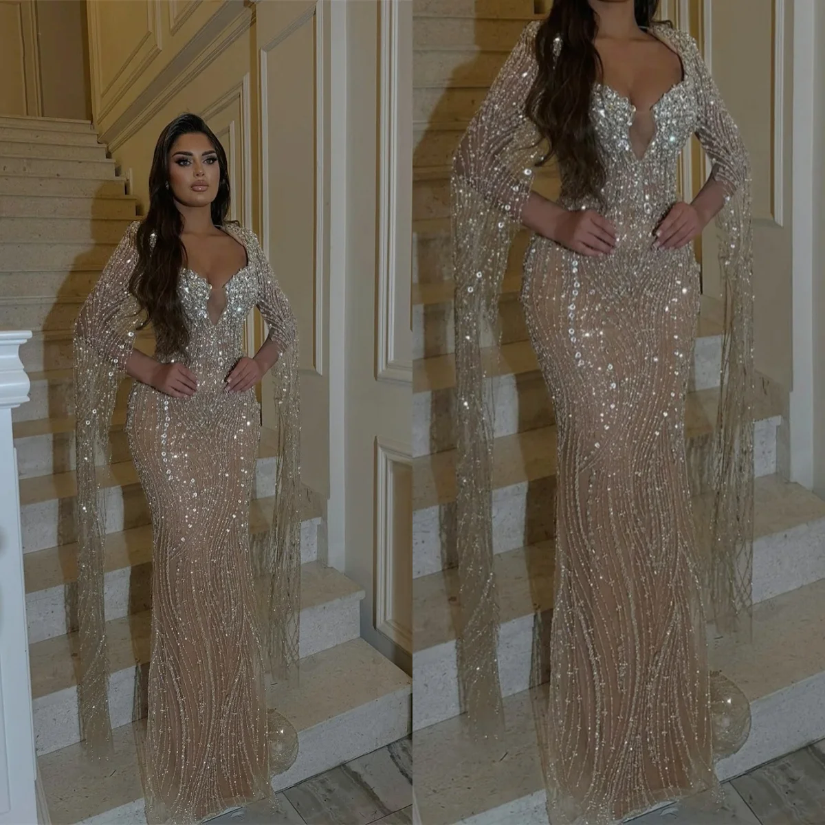 Luxuriöses Meerjungfrau-Abendkleid mit Cape, Quadratischem Ausschnitt, Pailletten und Perlen, Funkelnde Bodenlange Partykleider nach Maß