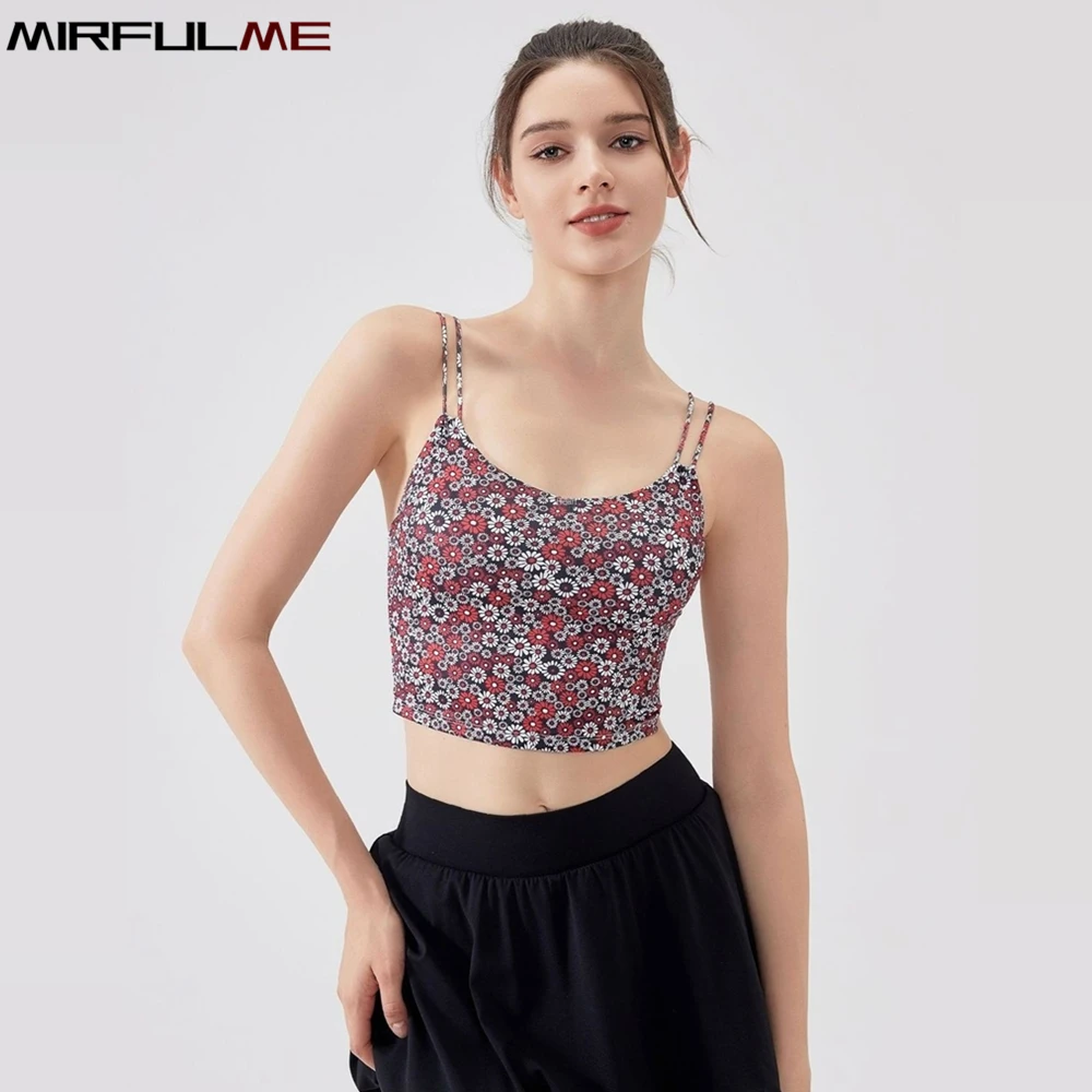 

Summer Women Sleeveless Yoga Shirts With Pad Sport Vest Flowers Running Tank Tops Thin Straps Underwear Gym Fitness Bra Camisole