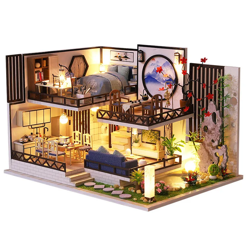 Kit de maquette l'inventaire en bois avec meubles et lumières, chalet japonais en bambou, puzzle 3D, maison de courses de villa, cadeaux pour amis, bricolage