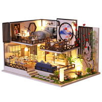 DIY Wooden Miniature Model Kit Japanese  Bamboo Cottage 3D Puzzle Villa Dollhouse With Furniture Lights Casa for Friends Gifts