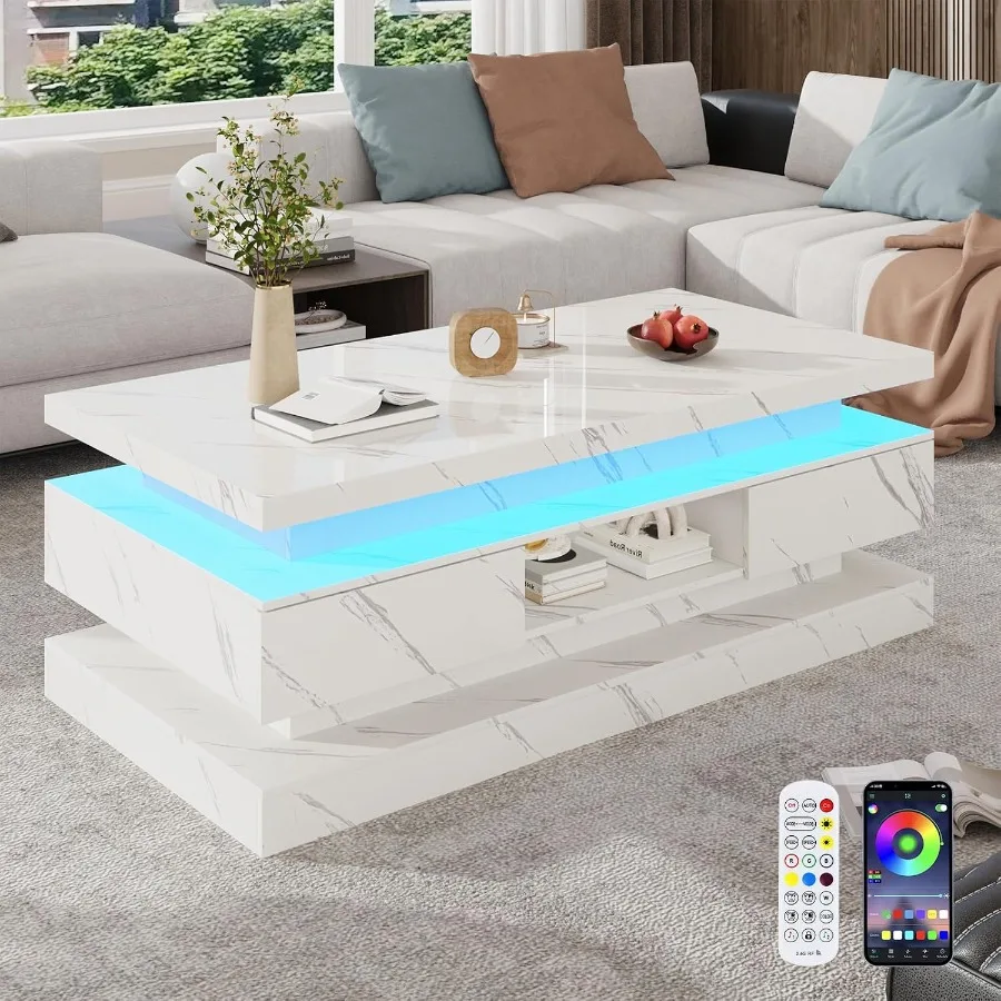 Living room coffee table: 47.2-inch high-gloss acrylic, white, modern LED-lit double-layer design with 2 sliding drawers