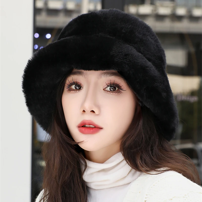 

Y2k Fluffy Faux Fur Hat Bucket Women Cap Rabbit Fur Warm Thick Plush Winter Leopard Hat Lady Luxury Fashion Party Fisherman Cap