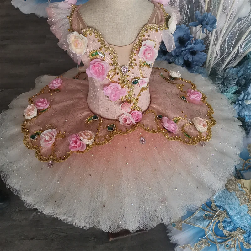 Professional High Quality Ombre Peach Kids Girls Women Adult Flowers Performance Competition Ballet Tutu