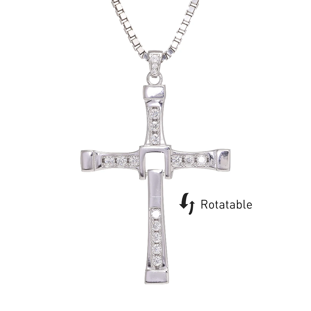 Fast and Furious Necklace 925 Sterling Silver Jesus Cross Pendant Chain Inlaid Zircon Rotatable Celebrity Vin Diesel Jewelry