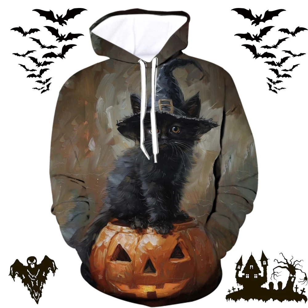 

Halloween Theme Hoodies For Men Women 3D Print Pumpkin Cats Pattern Casual Comfortable Clothes Autumn Winter Festival Sweatshirt