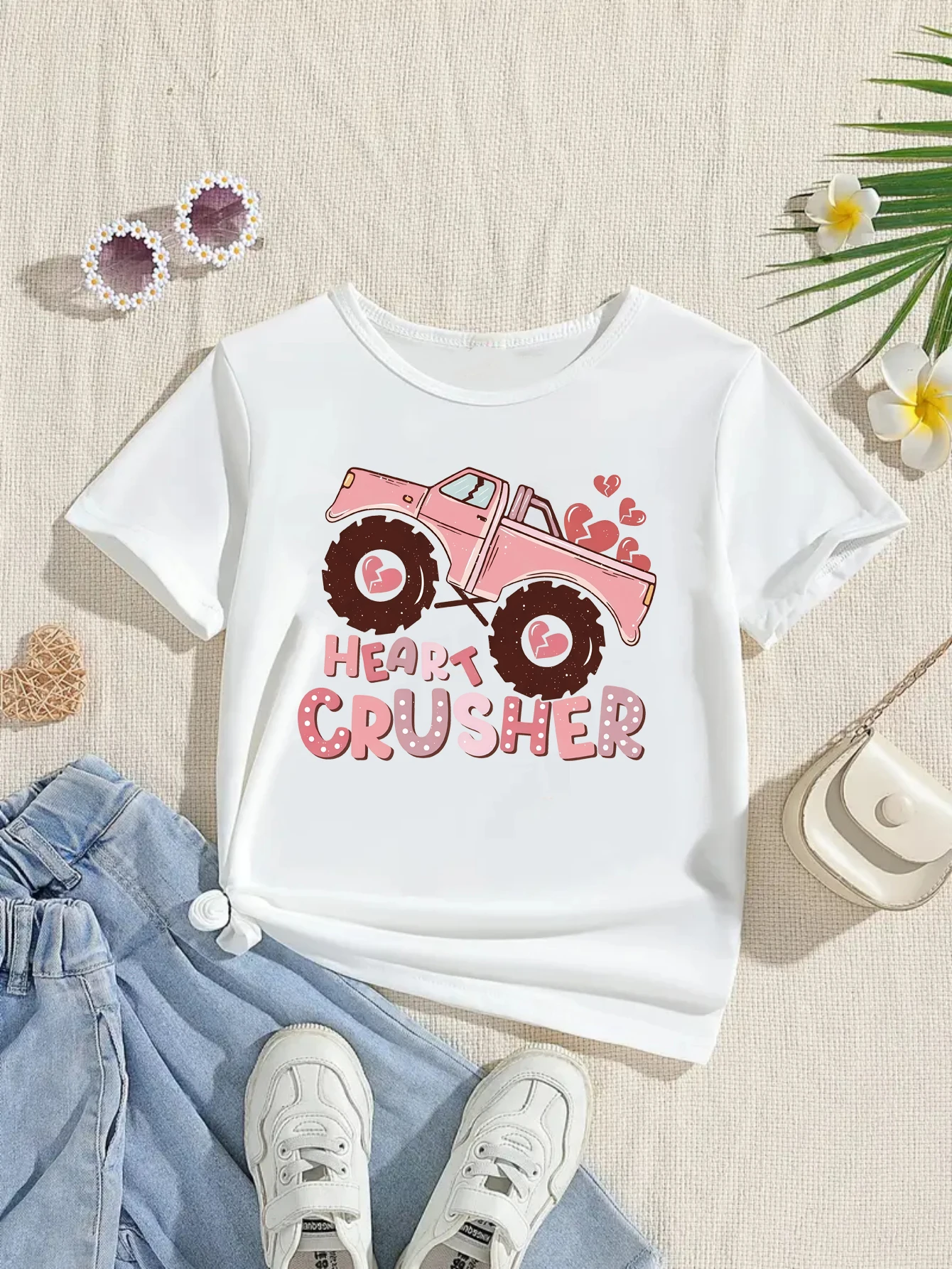 Heart Crusher Tractor Printed T Shirt Girls Valentine'S Day Gift T-Shirt Kawaii Kids Clothes Funny Summer Short Sleeve Shirt