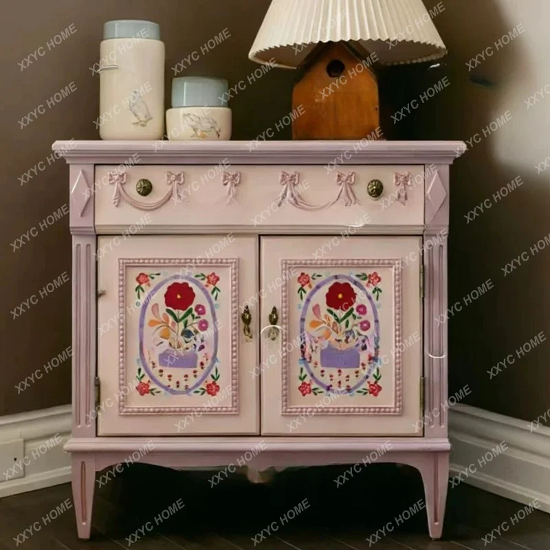 Retro Pink Painted Storage Cabinet Vintage Sideboard Wabi Sabi Large Capacity Storage Cabinet