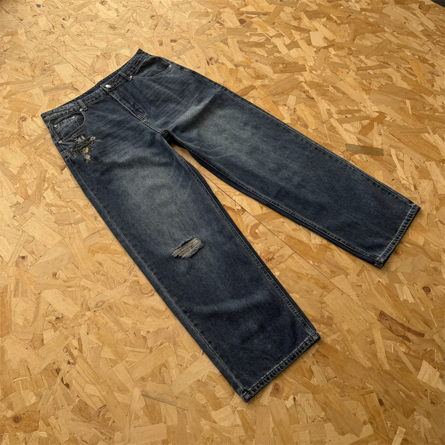 

Джинсы-леггинсы унисекс в стиле ретро, с вышивкой «Сад Eden», деним с дырками, осенние, универсальные, винтажные, теплые, прямые