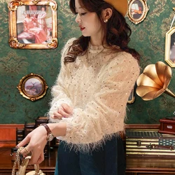 Ruffles Stand Collar Bling Sequined Tops Blouses Cute Girls 2024 Spring Fall New Long Sleeve Basic Shirts Chic Korea Beaded Top