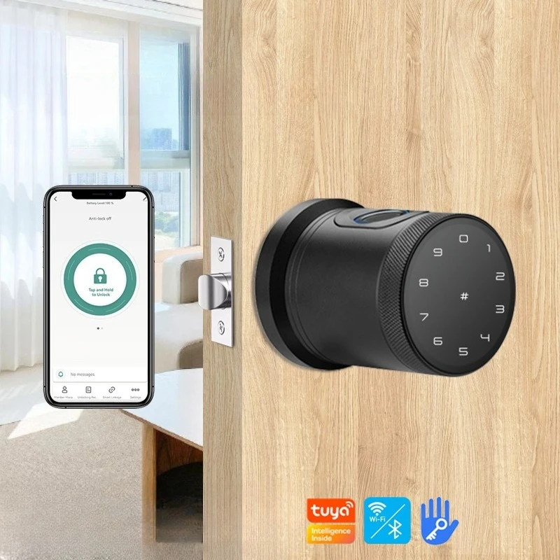 Smart Tuya WiFi Door Lock, Round Fingerprint & Password Keyless Entry,  Remote Access via APP for Home Wooden Door​ Auto-Lock