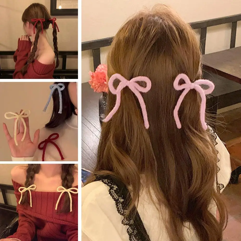 Korean Sweet Red Knitted Ribbon Bowknot Hair Clip for Women Girls Candy Color Bangs Clip Headdress Ornament Hair Accessories