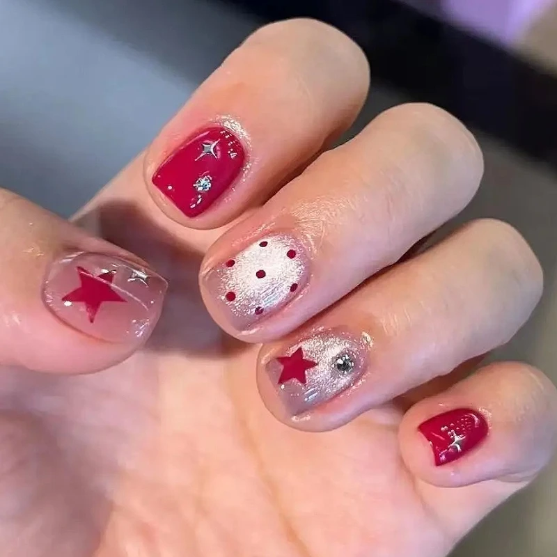 

10PCS Handmade Purple Glitter Cat Eye Short Square False Nails Featuring Star Checkered Patterns French Wearable Press on Nails