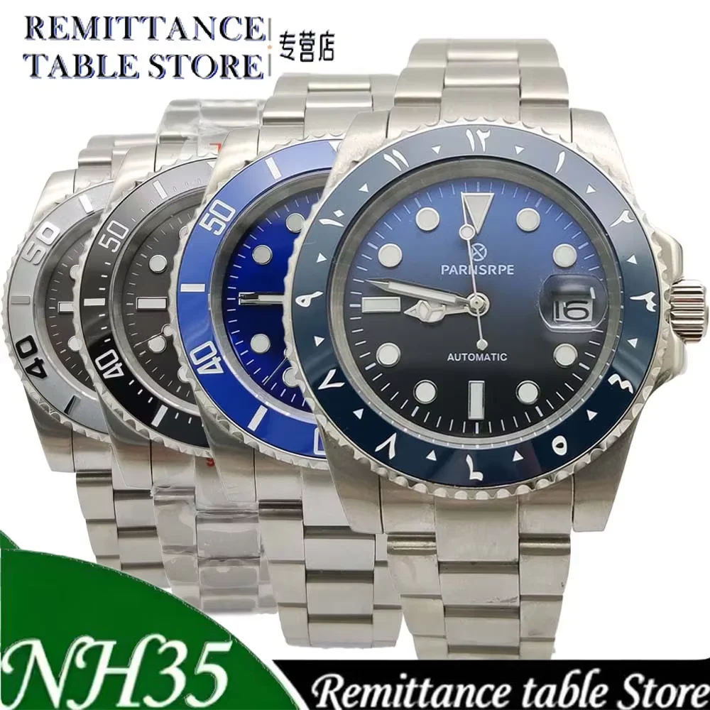 

New Parnsrpe NH35 Men Sport Automatic Mechanical Watch 40mm Blue Bezel Dark Dial Date Sapphire Glass 316L Stainless Steel Daily