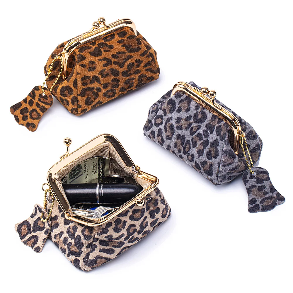 

Genuine Leather Mini Leopard Coin Purse Kiss Button Lipstick Pouch Cowhide Multifunctional Portable Compact Storage Coin Bag