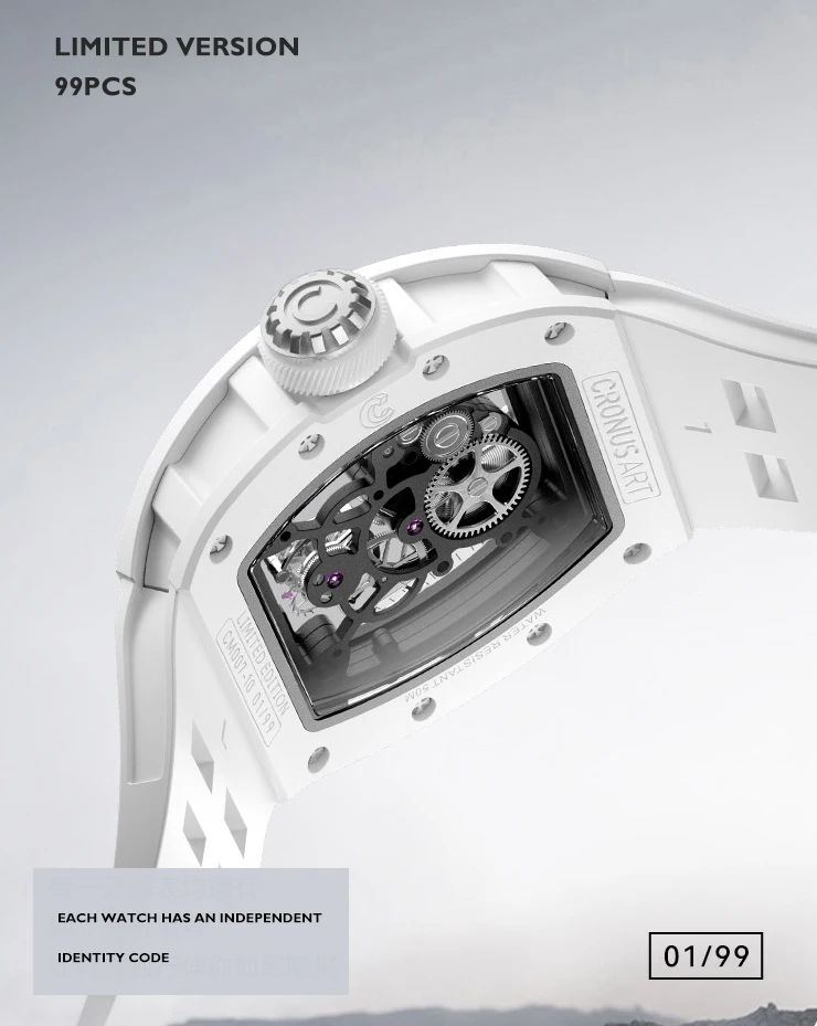 Reloj CRONUSART Tourbillon para hombre, 50mm x 42mm, esfera con mecanismo al descubierto de Panda, reloj de pulsera mecánico Tonneau, caja de zafiro, correa de caucho fluorado