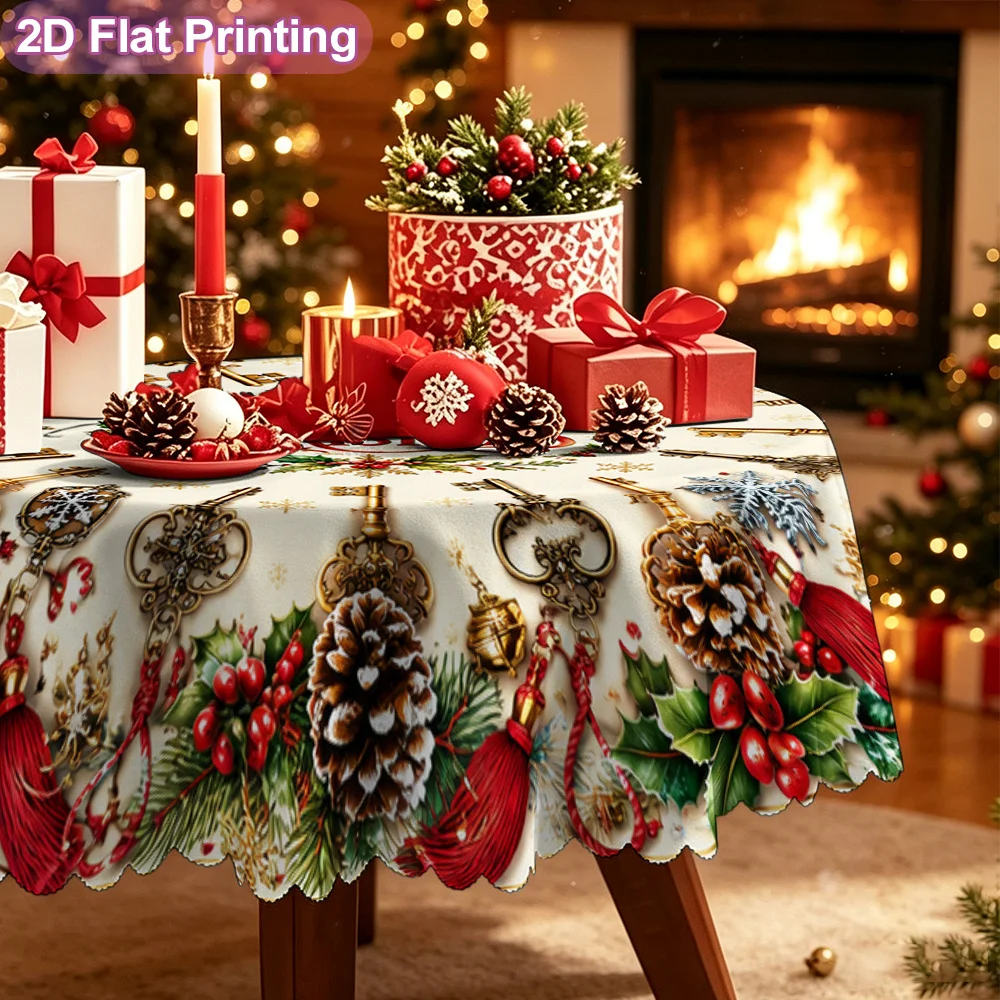 1 round tablecloth for Christmas retro key wreath print table cover, round dining table interior decoration
