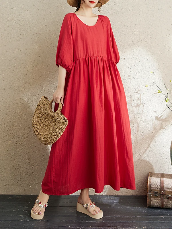 Red Double Layered Loose Fit Lantern Sve round Ne Dr Casual Sle a Line Long Dr Cotton Polyester Blend Moisture W...